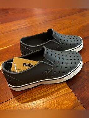 Native Kid’s Slip-On Perforated Sneakers with White Sole - charcoal grey